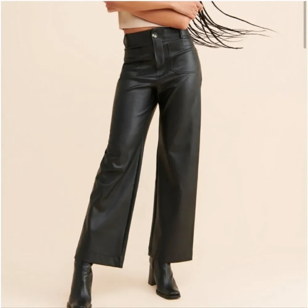 Anthropologie Maeve the Colette Cropped Wide-Leg Faux Leather Pants Black Sz 31